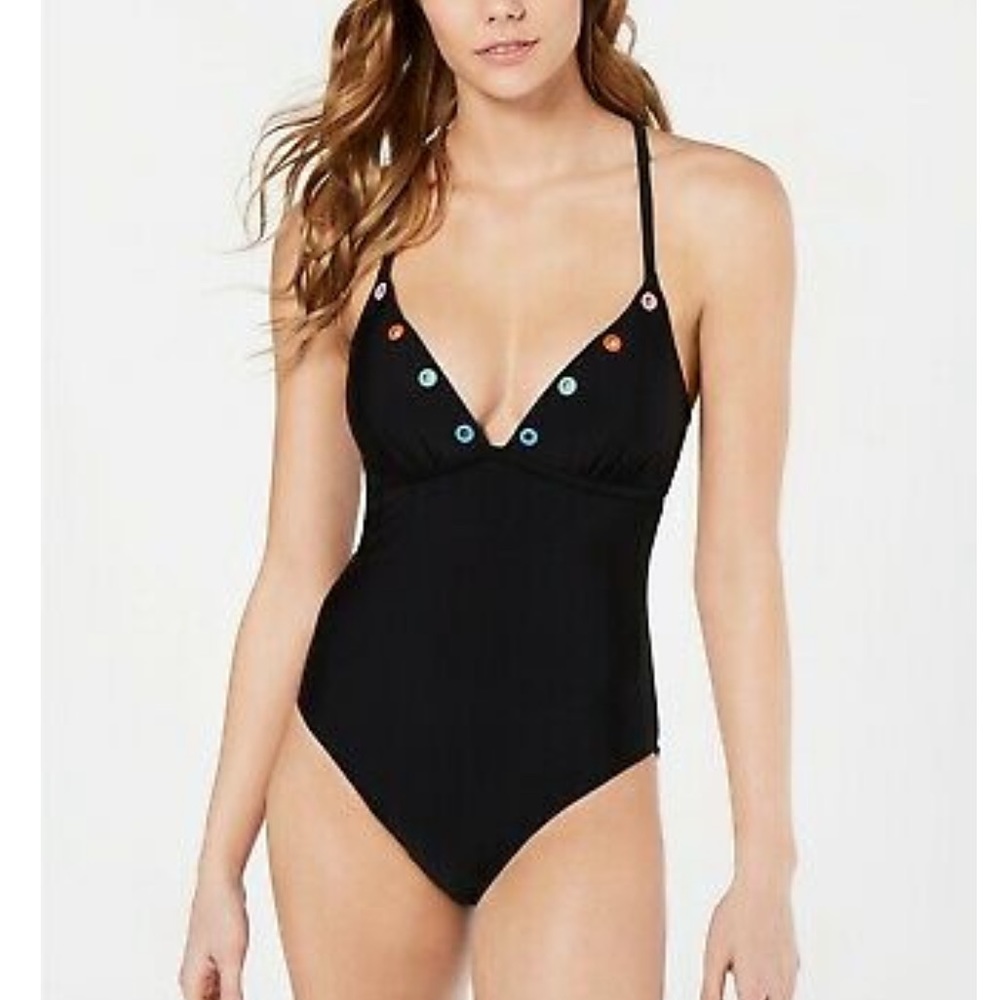 Hula Honey Black Strappy Plunge One Piece Swimsuit Grommet Rainbow Juniors XS
